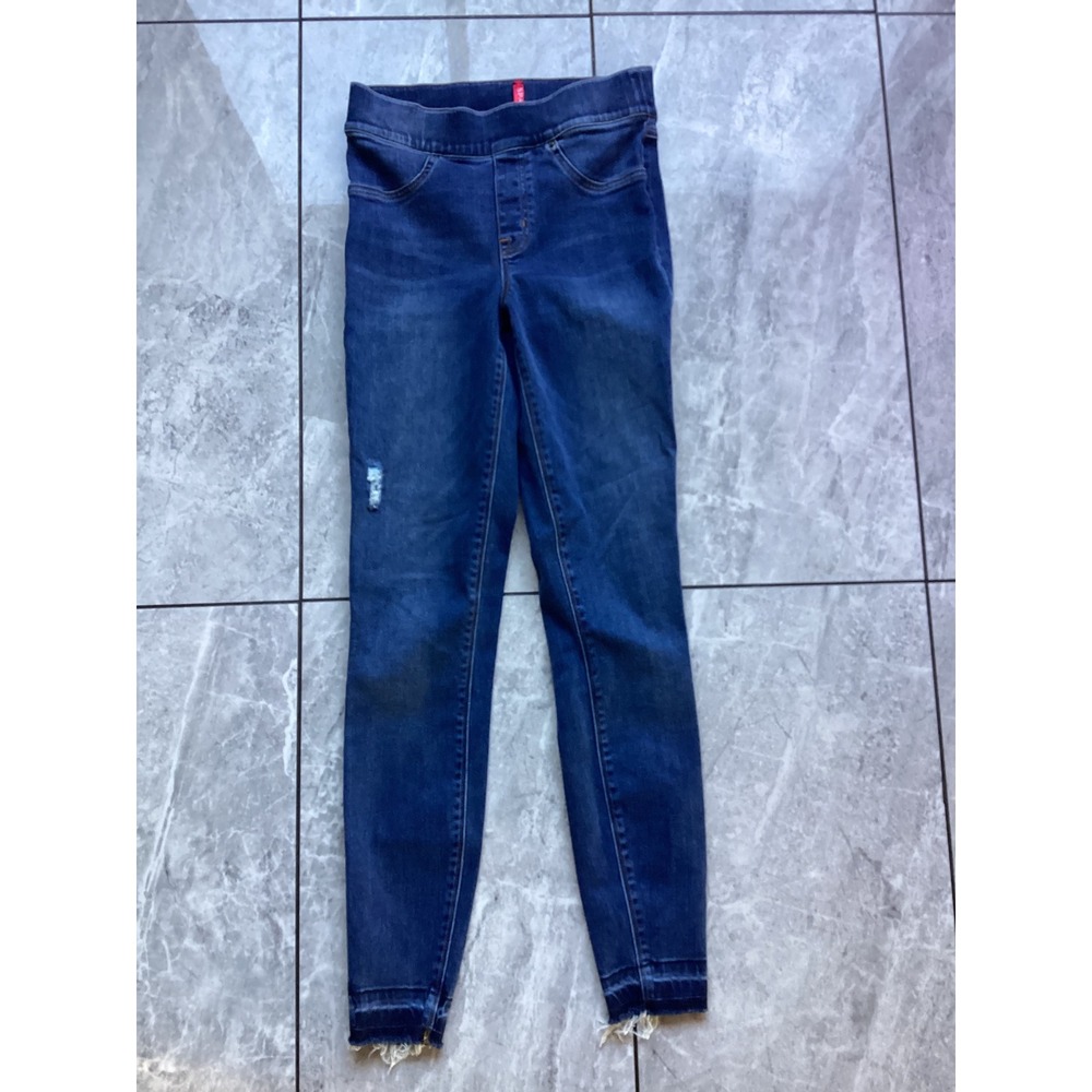 SPANX Denim Stretch Skinny Jeans Distressed Raw Hem Dark Wash Women's Jegging XS